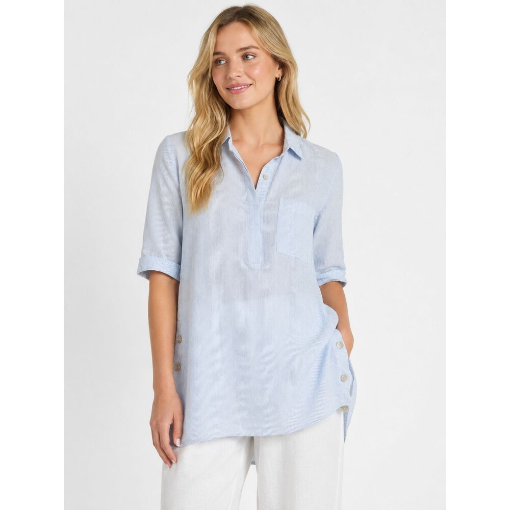 J.Jill Love Linen Tunic Top Size Medium Blue White Stripe Button Embellishments
